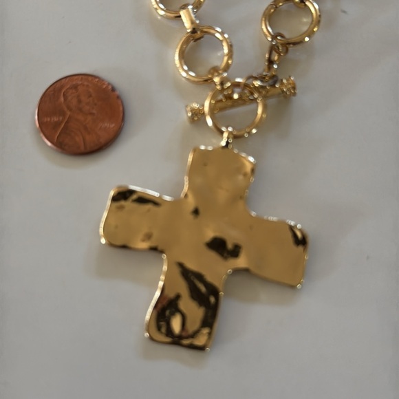 Gold Boho Chunky Hammered Cross Pendant Necklace - Picture 7 of 8